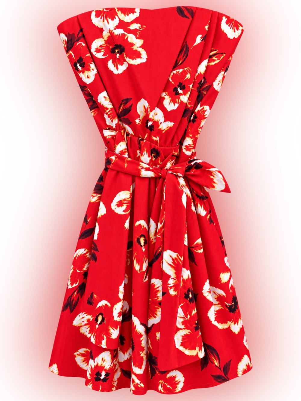 Express Red Floral Strapless Tie-Waist Dress